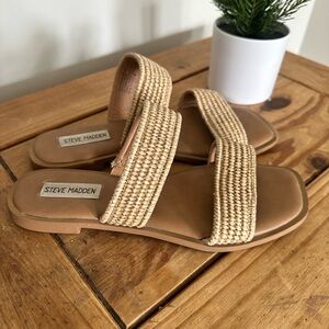 Steve Madden Tan Woven Double-Strap Slide Sandals